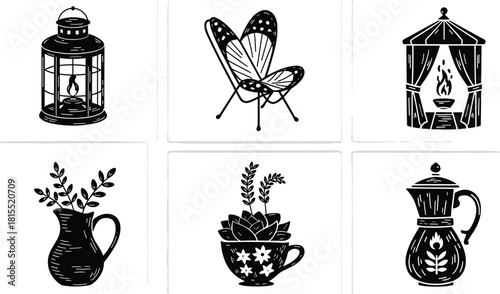Cozy silhouette icons of lantern, chair, gazebo, pitcher, teacup, coffee pot with floral and foliage elements for home garden decor