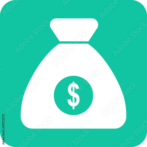 Simple white money bag icon with a dollar sign inside a circle on a teal background