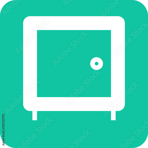 Simple white icon of a cabinet or safe with a round knob on a teal green background with rounded corners