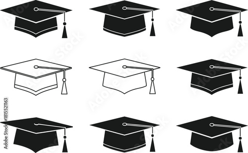 Set of Black Graduation Cap and Mortarboard Silhouette and Outline Icons Vector Illustration