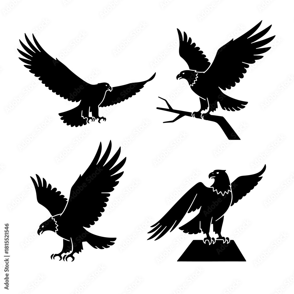 Fototapeta premium Eagle and Hawk silhouette vector set, flying bird of prey icons.