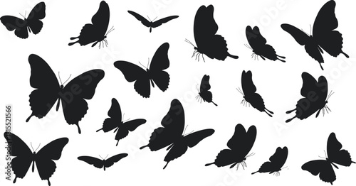 Flying butterfly silhouettes collection, black insect vector illustration, elegant nature pattern, minimalist wildlife design for decoration, art, and graphic projects