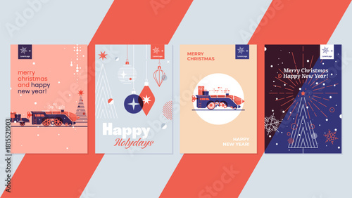 Merry Christmas and Happy New Year! A set of four colorful postcards containing Christmas toys, Christmas trees, a Christmas express (clockwork train) with gifts, etc.