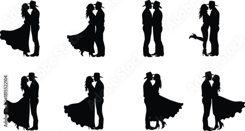 PrintRomantic cowboy couple silhouette collection, man and woman kissing vector art, western love design, country romance illustration for decoration and print