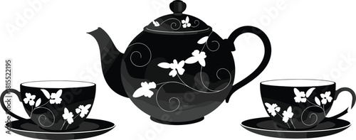 Elegant floral tea set vector illustration with teapot and teacups, decorative vintage design for kitchen, cafe, and beverage themes.
