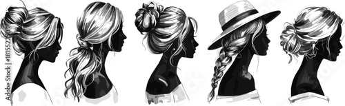 Elegant female hairstyle silhouettes in profile view featuring buns, braids, ponytails, and hats for fashion, beauty, and design inspiration.