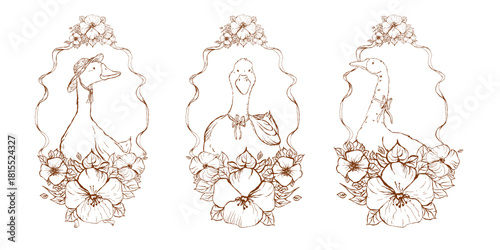 Graphic line illustrations of three geese framed with flowing ribbons and detailed flowers, arranged as elegant decorative compositions suitable for stationery, prints and packaging.