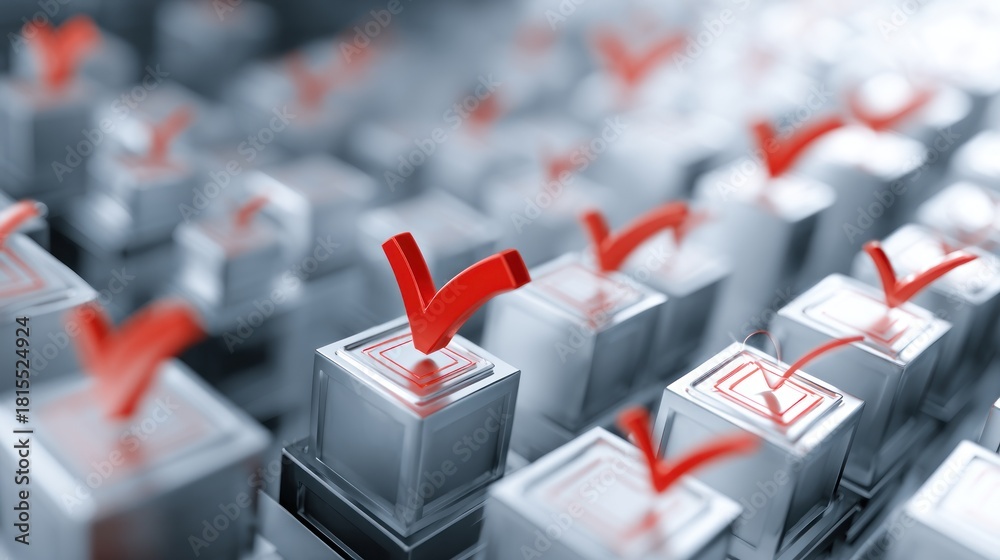 Fototapeta premium Red checkmarks on metallic cubes