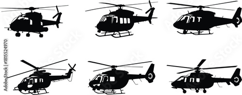 Set of Six Black Helicopter Silhouettes Featuring Diverse Rotor Designs, Tail Structures, and Fuselage Shapes on White Background Vector