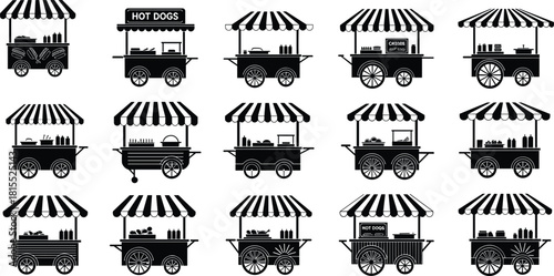 Set of black silhouette street food carts with striped canopy, wheels, signs, cooking gear, urban snack vending vector icons.