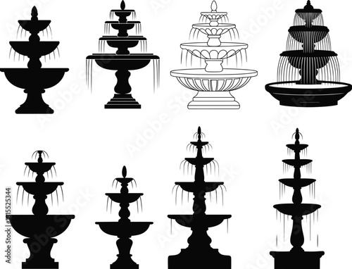 Set of tiered water fountain vector icons in black and white for garden, park, architecture, and landscape design projects