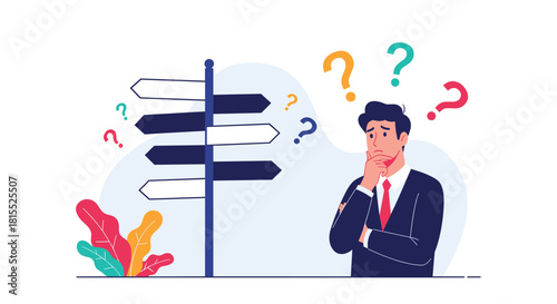 Confused businessman standing at a crossroads sign with many options and question marks above him.