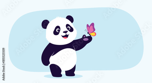 A cute cartoon panda bear stands with a pink and yellow butterfly on its paw.