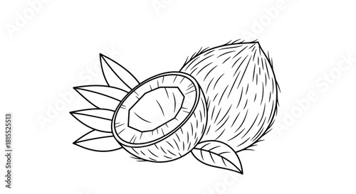 Simple line drawing of a whole coconut and a halved coconut with leaves on a white background.