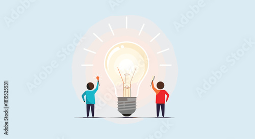 Two people reaching for a bright, illuminated light bulb, symbolizing ideas and creativity.