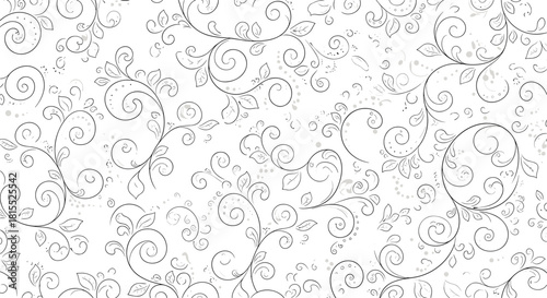 A delicate white seamless pattern with black swirling floral vines and leaves.