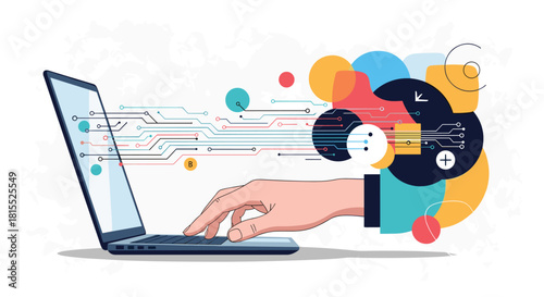 A hand typing on a laptop as data streams out and forms abstract shapes.