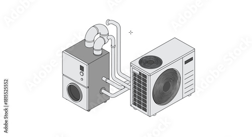 Isometric diagram of a heat pump system with an indoor unit and an outdoor condenser unit.