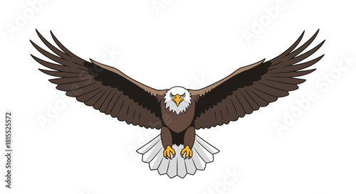 Illustration of a bald eagle with its wings spread wide, soaring through the sky.