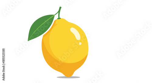A simple illustration of a bright yellow lemon with a green leaf attached to its stem.