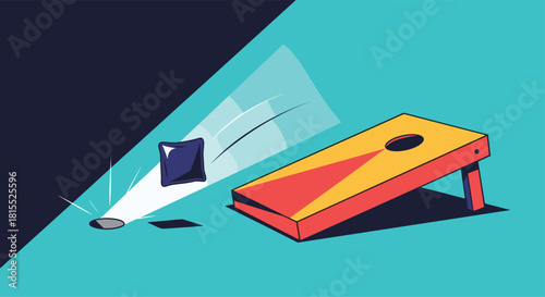 Illustration of a bean bag flying towards a cornhole board with a hole in it, representing a game in progress.