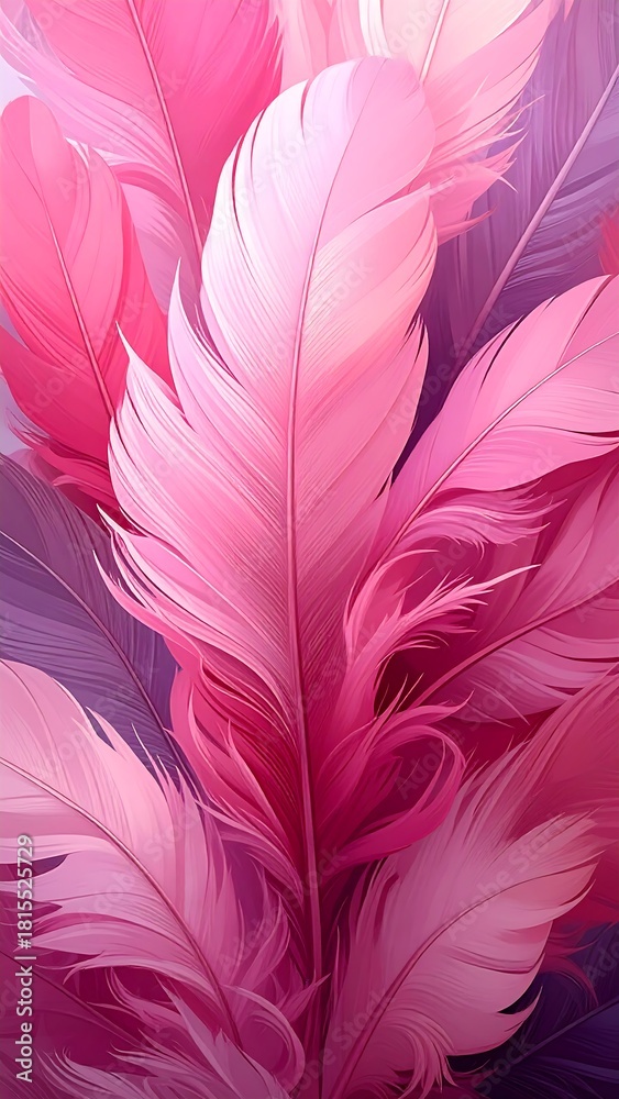 Obraz premium Close-up of lush, vibrant feathers in varying shades of pink and purple, creating a soft, dreamlike, and delicate visual
