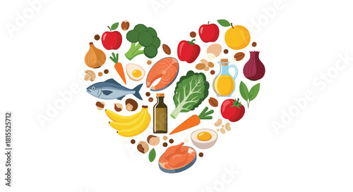 Heart-shaped arrangement of healthy foods, including fruits, vegetables, fish, and nuts, symbolizing a balanced diet.