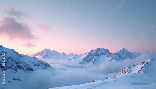 Majestic snow covered mountains bathed in soft pink and blue sunrise light