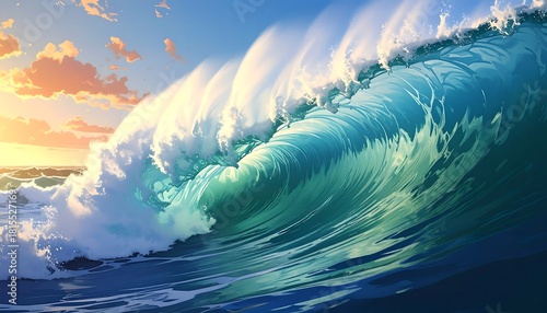 Fototapeta Naklejka Na Ścianę i Meble -  A dynamic depiction of a colossal wave crashing, with ocean and sky