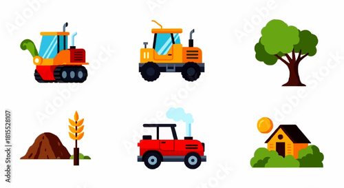 A collection of six colorful flat icons representing agriculture, farming, and rural life.