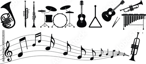 Silhouette musical instruments with treble clef and notes, vector illustration for music education, performance, composition, and sound design.