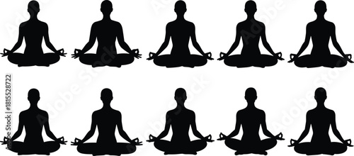 Meditation silhouettes, cross-legged yoga poses, black human shapes, mindfulness vector collection, peaceful sitting posture, spiritual practice design, calm body elements