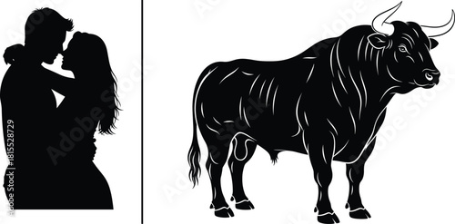 Silhouette of affectionate couple and powerful bull symbolizing love, strength, contrast, passion, masculinity, unity, and emotional intensity in black.