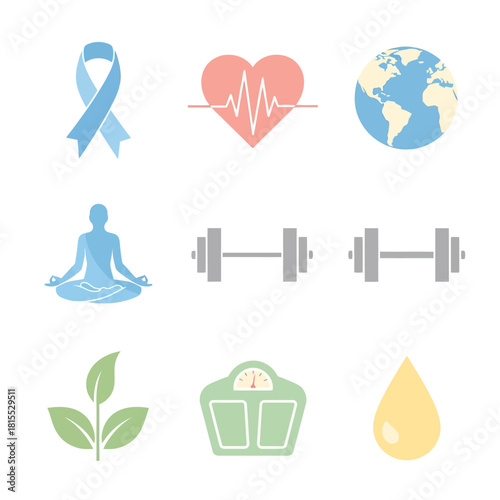 Health and fitness icon set with ribbon, heartbeat, yoga pose, globe, dumbbell, weight scale, and water drop