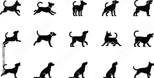 Dog silhouette collection, various canine poses, sitting, walking, running dogs, black vector illustrations, domestic pet movement, stock animal graphics
