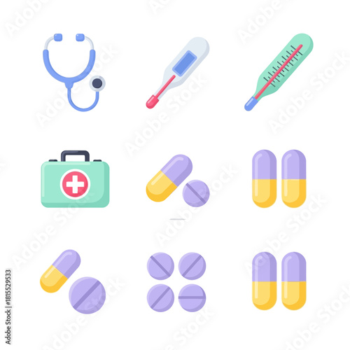 Medical icon collection with stethoscope, thermometer, pills, and health kit for healthcare and clinical