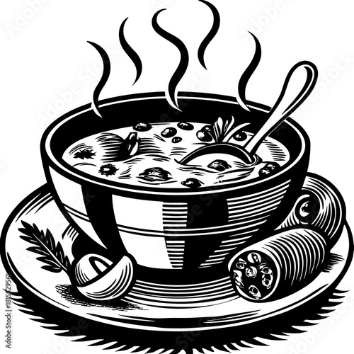 A steaming bowl of soup with spoon on a plate