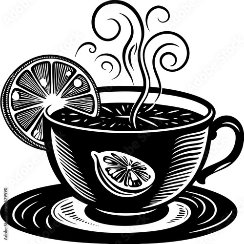 A hot teacup with lemon slice and steam swirls