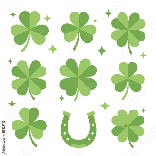 Green clover and horseshoe pattern collection featuring shamrocks and lucky elements for St. Patrick’s Day and spring themes