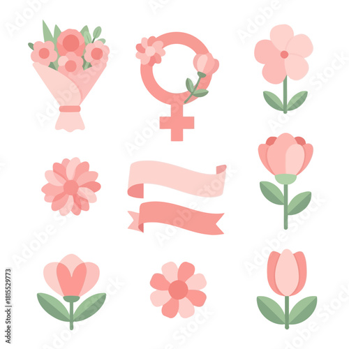 Flat feminine icon set featuring flowers, bouquet, ribbon, and female gender
