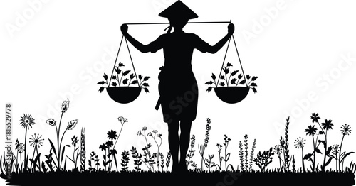 Silhouette of farmer carrying baskets with plants on floral ground, traditional Asian agriculture concept, nature harmony, rural lifestyle vector