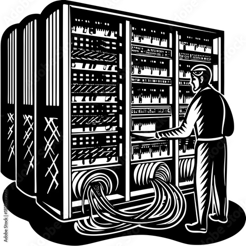 A technician examining server rack and its data cable connections