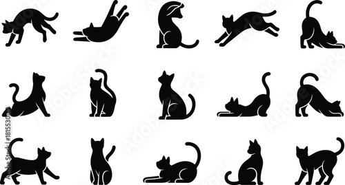 Cat silhouette collection, feline poses vector, sitting, jumping, stretching cats, black animal illustrations, domestic pet movement, playful cat art for stock