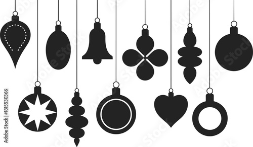Hanging Christmas ornaments, festive silhouette set, holiday decoration icons, black vector shapes, seasonal clipart, baubles, bell, heart, star, geometric design