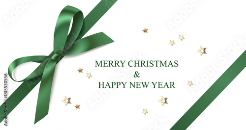 Merry Christmas & Happy New Year design template. Diagonally ribbon with green bow for page or box decor with golden star confetti. Vector stock illustration. Not AI