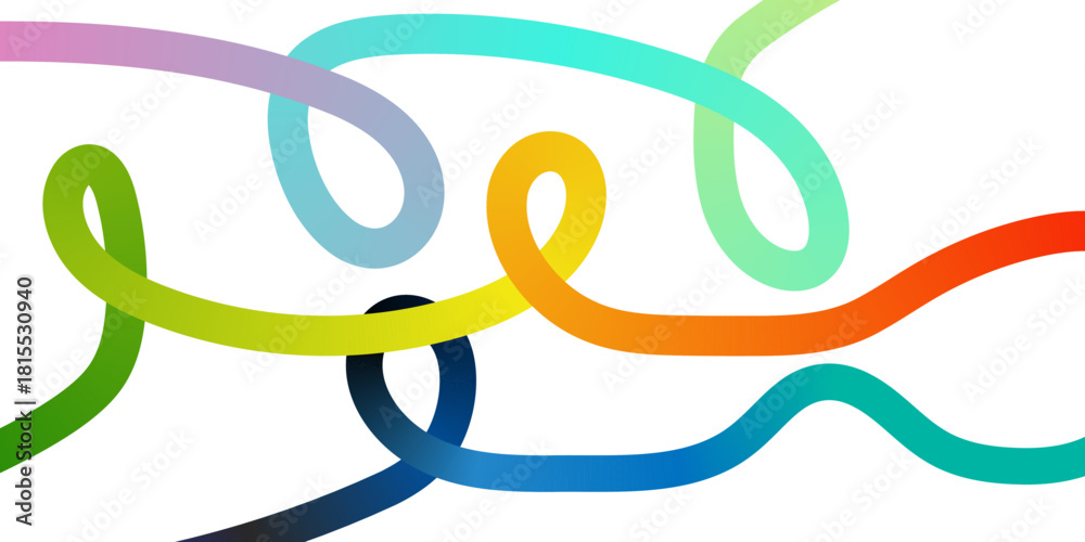 Fototapeta premium Modern gradient shapes combined with rainbow ribbon waves and colorful flowing lines creating a vibrant geometric abstract pattern background for design needs