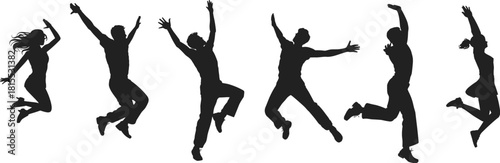 Silhouettes of jumping people in energetic poses expressing joy, freedom, celebration, unity, happiness, movement, vitality, and dynamic motion.