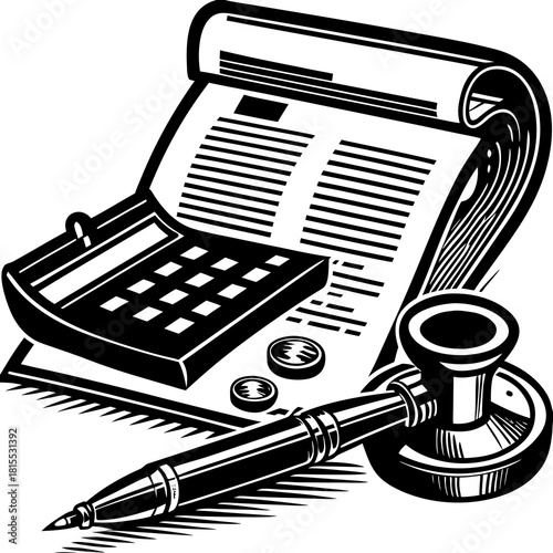 Tax document with calculator pen and stamps illustration