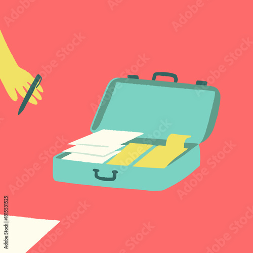 Cartoon briefcase with papers beside hand holding a pen