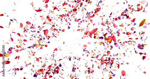 Flower petals flying here in the wind. Colorful several flowers. Isolated on alpha background. 3D rendering.